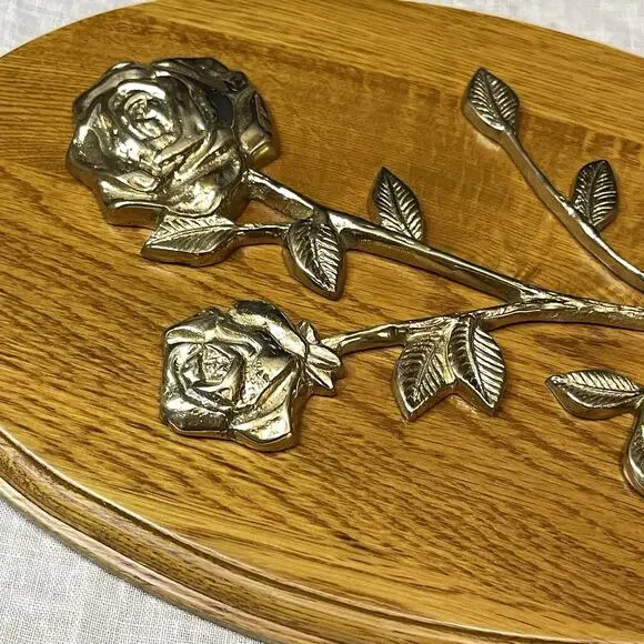 Vintage Brass Rose Floral Wall Art on Light Wood Oval Plaque Mid Century Style - Picture 4 of 7